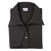 A folded black shirt with a collar, featuring a single button and a logo label on the inside.