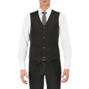 A black vest worn over a white shirt, featuring a five-button front and a sleek design. It has a logo on the label.