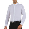 A white long sleeve shirt with a collar, featuring buttons and worn with black trousers and a belt.