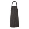A black and white striped apron with a single pocket and a neck loop. The product features a logo.