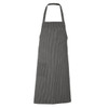 A black and grey stripy apron with a neck strap and a front pocket. It features a logo branding on the design.