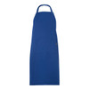A blue apron with a pocket and a neck loop, featuring a small logo.