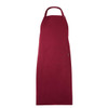 A maroon apron featuring a front pocket and a neck strap. The product has a logo on it.