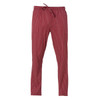 A pair of red striped pants with a drawstring waist and pockets. The design features vertical stripes.