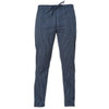 A pair of navy blue striped pants with an elastic waistband and drawstring. Features two side pockets.