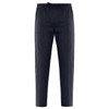 A pair of navy blue striped pants with an elastic waistband and drawstring. The pants feature two side pockets.