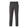 A pair of grey pants with a tailored fit, featuring a button and zipper closure. Includes a logo on the waistband.
