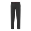 Black trousers featuring a straight leg design and a button closure, with a subtle brand logo.