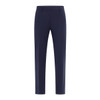 Navy blue tailored pants with a straight-leg design and a subtle logo on the waistband.