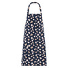 A navy apron with a cute pattern of animals against a light background. It features a neck loop and ties.