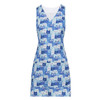A blue apron featuring a playful pattern of cats in various shades, with a V-neck design and sleeveless style.