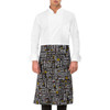 A white apron with a black lower section featuring various text patterns and a logo.