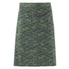 A green camouflage apron featuring a pattern of varying shades of green. It has a single pocket.