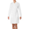 A white lab coat with long sleeves, featuring a simple collar and front fastening, on a model.