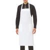 A white apron worn by a model, featuring two front pockets and a branding logo.
