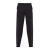 A pair of dark navy trousers featuring a straight leg design and side pockets, with a logo present.