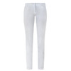 White fitted pants with a sleek design, featuring a button and zip fastening and a small logo on the waistband.