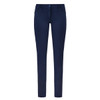 Navy blue pants with a slim fit design, featuring pockets and a button closure, include branding on the waistband.