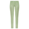 A pair of light green fitted pants with five pockets and a button closure. The pants feature a branding logo.
