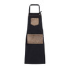 A navy apron featuring a brown pocket and a smaller chest pocket, with an adjustable neck strap.