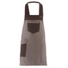 A grey and brown apron with a pocket, featuring a simple design and shoulder straps. It has a logo on it.