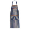 A blue and white striped apron featuring pocket details and a logo.