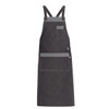 A dark grey apron with adjustable straps and multiple pockets, featuring a logo on the side.