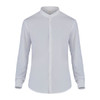 A white button-up shirt with long sleeves and a Mandarin collar, featuring a subtle logo.