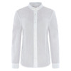 A white long-sleeved shirt with a button-up front and a collar, featuring a crisp, clean design.