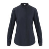 A dark navy button-up shirt featuring a collar and long sleeves, with a branding logo.