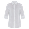 A white, long-sleeve shirt with a collar and button-down front. It features three-quarter length sleeves.