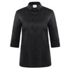 A black Flavia shirt with a collar, three-quarter sleeves, and a button-up front. It features a logo.