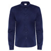 A navy blue long-sleeved shirt with a button-up front and collar, featuring a logo on the label.