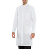 A white lab coat with a collar and two front pockets, worn by a man. The coat has long sleeves and a straight fit.