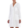 A white lab coat with long sleeves and a collar, featuring a front button closure and pockets.