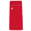 A red apron featuring a branded logo at the top. The design is sleek and modern with a contrasting waistband.