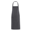 A grey striped apron with an adjustable neck strap and multiple pockets. It features a logo on the fabric.