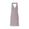 A grey, sleeveless apron with a V-neck design featuring two front pockets and a simple logo.