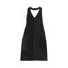 A black apron with a V-neck design, featuring a striped pattern and two front pockets. It has a logo.