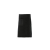 A black apron featuring a textured pocket and side detailing, with a simple design and branding.