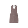 A brown apron with a V-neck design and two front pockets. It features a branding logo.