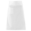 A plain white apron with a front pocket and a simple design, featuring a logo on the chest area.