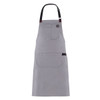 A grey jersey apron featuring a front pocket and a logo at the top, with adjustable straps.
