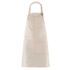 A beige apron with a pocket and adjustable strap, featuring a simple design and stitching details.