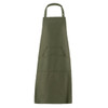 An olive green apron with a pocket at the front and a loop for hanging. It features a brand logo.