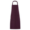 A deep burgundy apron with a front pocket and an adjustable neck strap, featuring a logo.