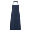 A navy blue apron featuring an adjustable neck strap and a front pocket, with a logo displayed.
