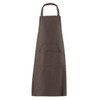 A brown apron featuring a front pocket and a neck strap, with a logo displayed on the fabric.