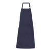 A navy blue apron featuring a front pocket and a neck strap, with a logo on the fabric.