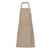 A beige apron featuring a central pocket and a neck strap, designed for workwear use. It includes a logo.